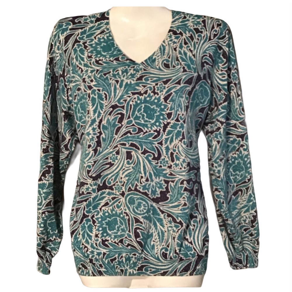 Croft & Barrow Long sleeve Sparkly Blue Teal & White Sweater Shirt